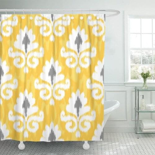 Yellow Geometric Ikat Damask Pattern Abstract Indonesia Fun Traditional Shower Curtain Waterproof Polyester Fabric 60 x 72 inche