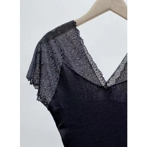 Womens Knit T-Shirt V-Neck Lace Stitching Girls Tops Short-Sleeve Tees Slim Ladies Summer 2021 Female Knitwear Shirt