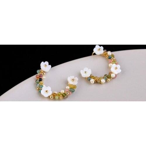 Bohemian Women Dangle Drop Earrings Colorful Natural Stones Shell Flower Pearls Earrings for Best Birthday/Party Gift
