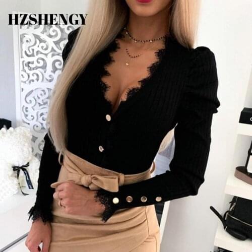 Womens Knitted Shirts Tight Button Lace Shirts Fall Winter Fashion Sexy Lace Long Sleeve V-Neck Shirts Casual Ladies Shirts