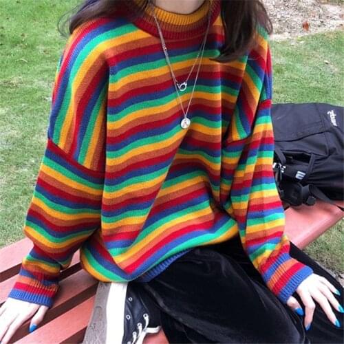 Rainbow Color Striped Women Sweater Oversize Spring Auttum Casual Loose Sueter Mujer Knitted Sweet Fashion Pullover Lgbt Clothes