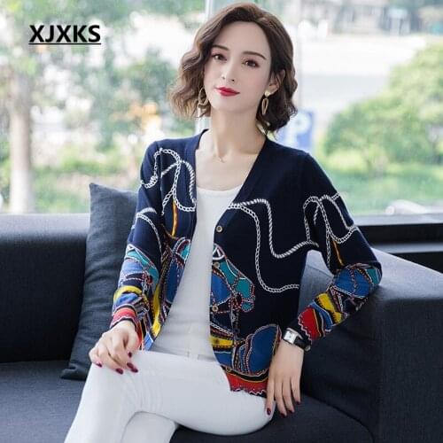 XJXKS Plus Size Button Cardigan V Neck Animal Print Sweater Long Sleeve Knit Jacket Autumn Womens Knitwear Coat Clothing