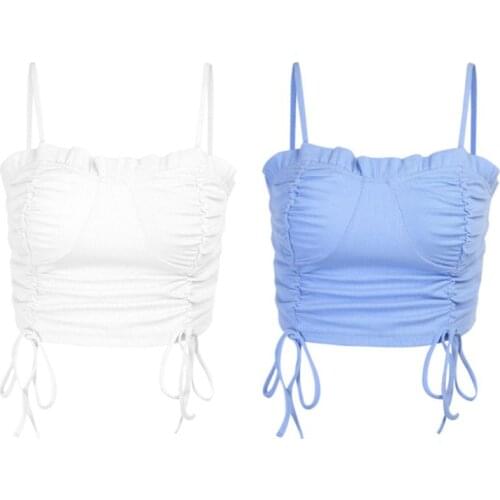 Women Spaghetti Strap Ruffles Crop Top Pleated Drawstring Ribbed Sexy Camis Vest