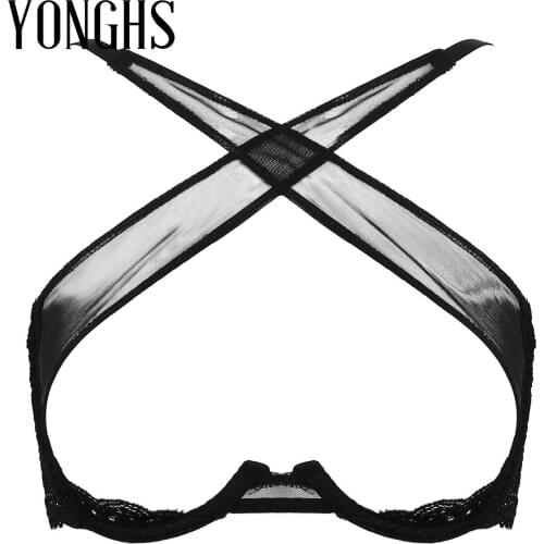 Womens Lingerie Open Cup Bra Top See Through Sheer Mesh Bra Adjustable Spaghetti Shoulder Straps Crisscross Front Underwired Bra