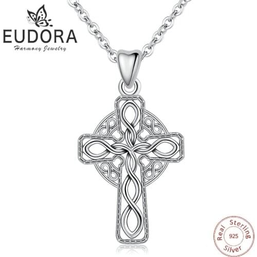 EUBORA 925 Sterling Silver Cross Pendant Necklace Irish Celtics Cross knot Necklace Sliver Fine jewelry For Women Best Gifts