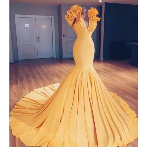 2021 Saudi Arabic Yellow Mermaid Prom Dresses Special Designed Long Prom Gowns Ruffles On Shoulder Abiye Elastic Party Dresses