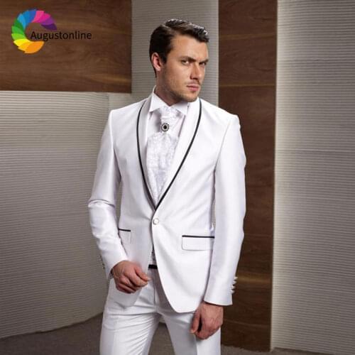 White Men Suits Pants Black Lapel 2Pieces Custom Made Wedding Suits Groom Tuxedos Slim Fit Prom Best Man Blazer Evening Party