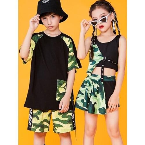 Children Jazz Dance Costume Camouflage Street Hip Hop Dancing Outfits Girls Boys Drum Performance Clothing Sport Wear DNV15106