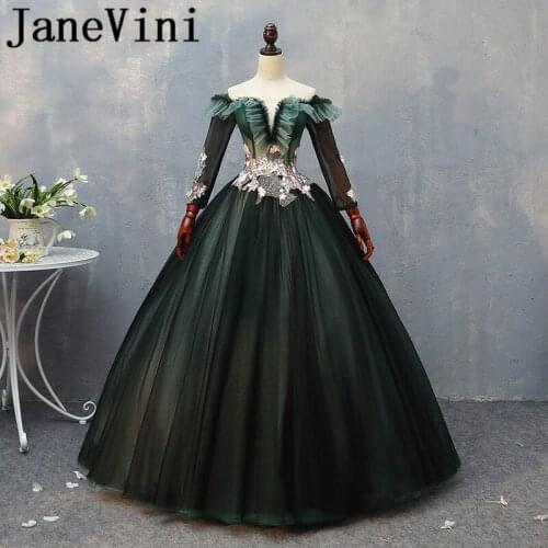 JaneVini Elegant Long Bridesmaids Dresses Ball Gown Long Sleeves Hand Made Flowers Pearls Plus Size Wedding Party Guest Dresses