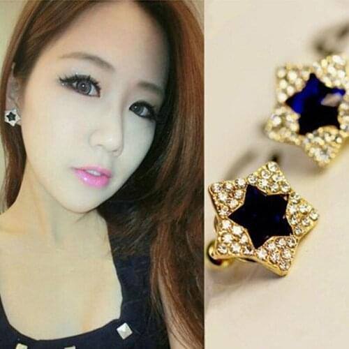 #ER038) Romantic Blue Stone with Rhinestone decorate stud earrings for women 5 star cute designer earrings party jewelry