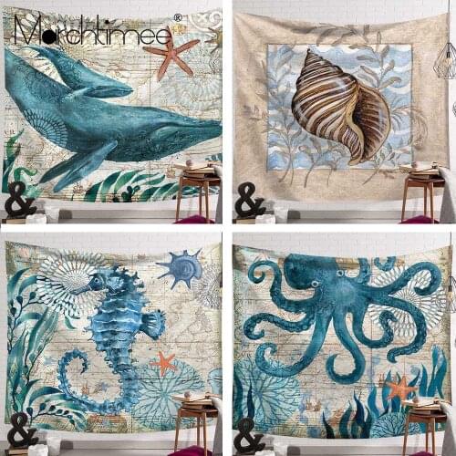 Retro Sea Turtle Shark Print Tapestry for Living Room Bedroom Large Hippocampus Conch Art Wall Hanging Tapestry Home Decoration