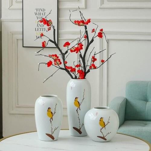 Chinese Jingdezheng Ceramics Bird Flower Painting Vase Artificial Flowers Dried Flower Floral Arrangement Landscape Art