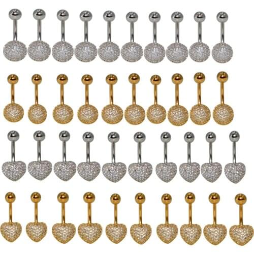 10pcs Belly Button Rings Surgical Steel Gold Zircon Heart Round Navel Piercing Rings Belly Bar Body Jewelry 14g