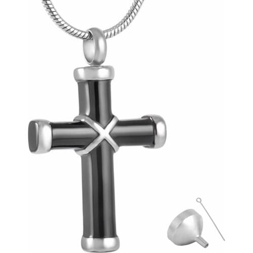 MJD8350 Shiny Black Classic Crosss Stainless Steel Cremation Pendant Necklace & Filling Kit