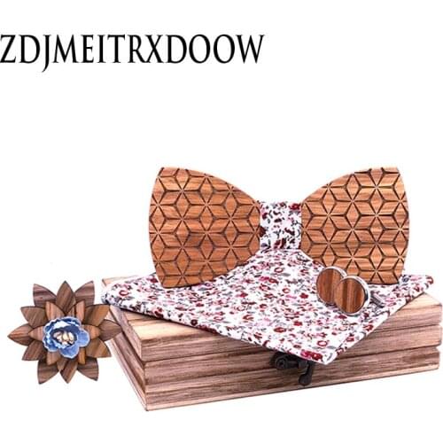 Fashion Mens handkerchiefs Wood and Cufflinks Wooden Bow Tie Bowtie For Wedding Party Three-dimensional square Wood Gift Box