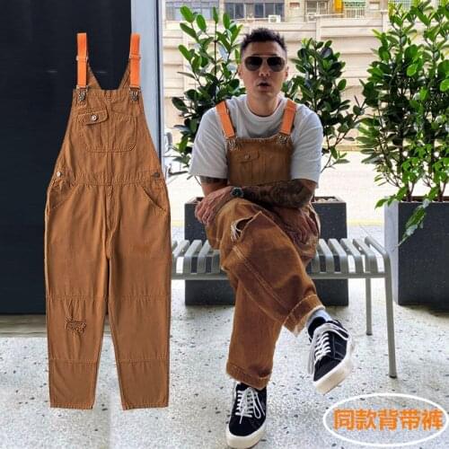 Mens Fashion Loose Straight One-piece Overalls Fashion Hole Japanese Casual Large Jeans