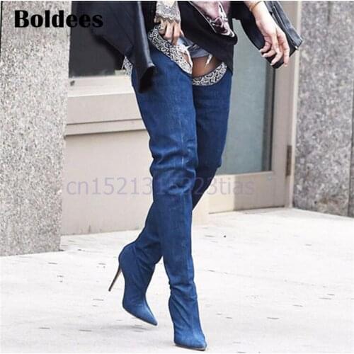 Sexy Blue Denim Boots Women Over The Knee Boots Point Toe Rhinestone Belt Decor Thigh High Boot Cowboy High Heel Boot