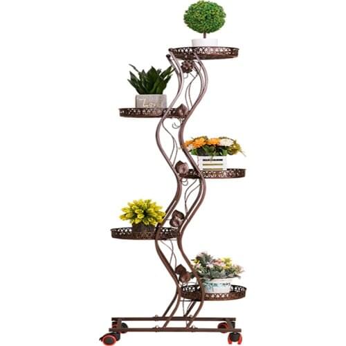 Flower Shelf Rack Wrought Iron Multi-layer Mobile Pulley Flower Stand Balcony Living Room Floor Green Flower Pot Shelf