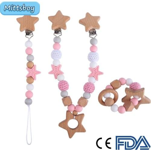 DIY Pink Baby Wooden Pram Clips Baby Mobile Pram Silicone Beads Pacifier Chain Chewable Silicone Rattle Baby Wooden Teether Toys