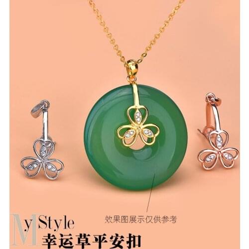S925 pure silver clover inlaid with Zircon Pendant buckle safety buckle jadeite jade jewelry DIY accessories