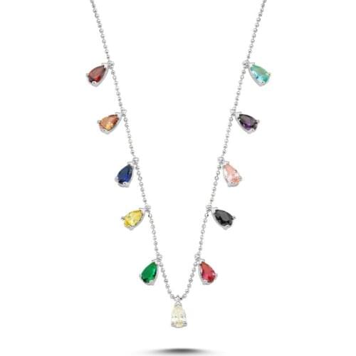 Silver 925 Sterling Drop Mixed Color Zircon Stone Dangle Necklace