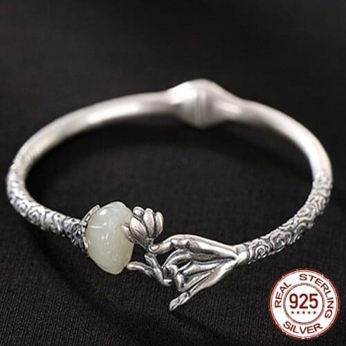Handmade Silver Buddha Hand Open Bangles for Buddhists Real 925 Sterling Silver Jewelry Buddhistic Thai Silver Bracelets 2020