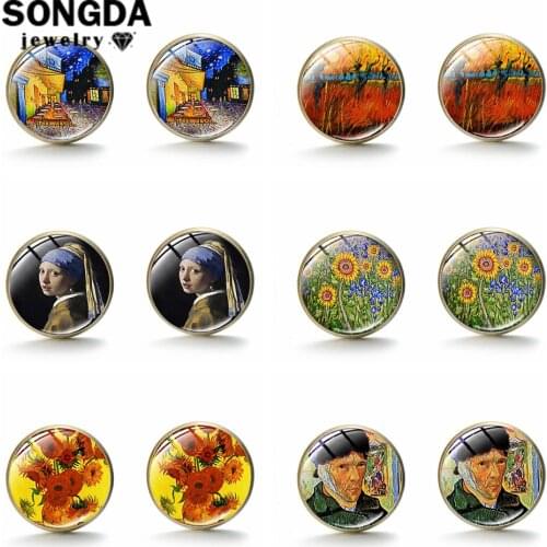 SONGDA Renaissance Famous Oil Painting Earrings Bronze Color “Pearl Girl” Stud Earrings for Women Art Picture Glass Dome Jewelry