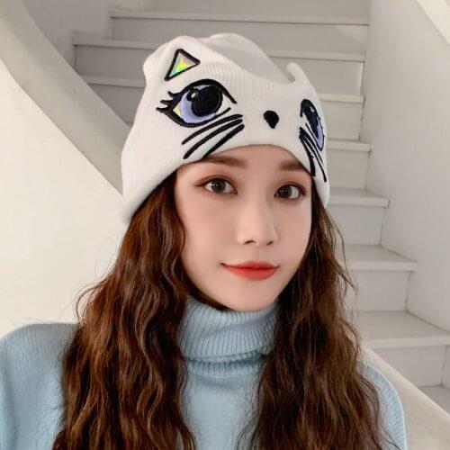 Embroidered Cartoon Cat Big Eyes knit warm hat women beanies caps winter Adult woolen hats