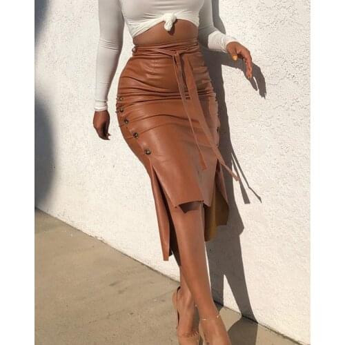 Fashion New Womens Faux Leather Midi Skirt High Waist Button Trim Slim Solid Color Slit Bodycon Pencil Skirt with Belt