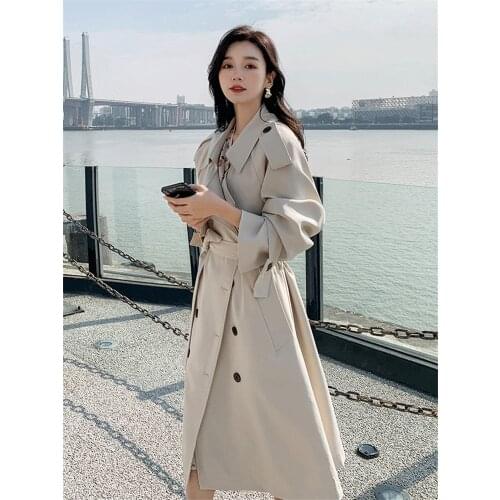 Womens Windbreaker Spring Autumn New Style Korean Fashion Loose Solid Color Wild Double-breasted Long-sleeved Feminine Coat 074