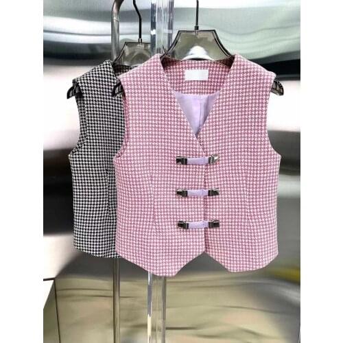 Fyion Early Autumn Women Vest Top 2021 Runway Designer Houndstooth Print V-Neck Single Breasted Vest Jacket Coat Outwear