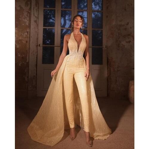 Halter V Neck Jumpsuits 2020 Prom Dresses Sexy Appliqued Evening Gowns With Detachable Train Lace Beaded Party Dress Vestido