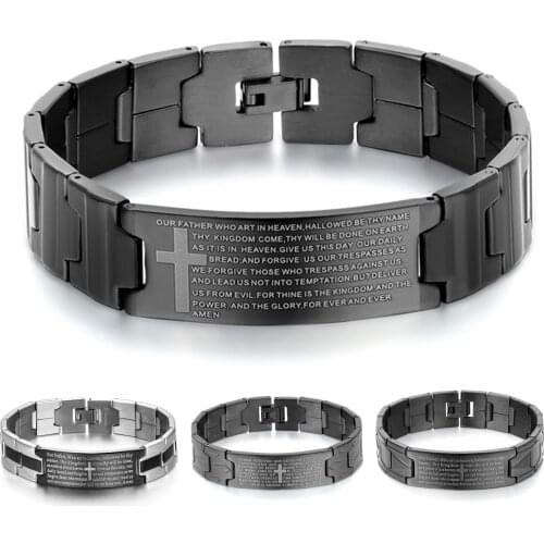 BONISKISS Mens Black Stainless Steel English Lords Prayer Bible Cross Bracelet Bangle Christianity Wristband Engrave