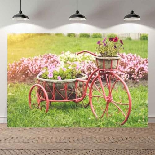 Seekpro Backdrops for Photography Spring Flowers Carriage Cart Bicyle Garden Background Decorations Printed Backdrops