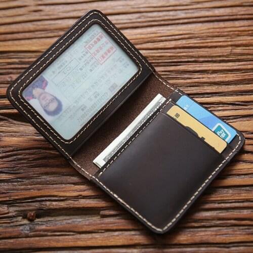 100% Genuine Leather Credit Card Holder For Men Vintage Short Handmade Bifold Slim Small Man Wallet Purse Driver License ID Case