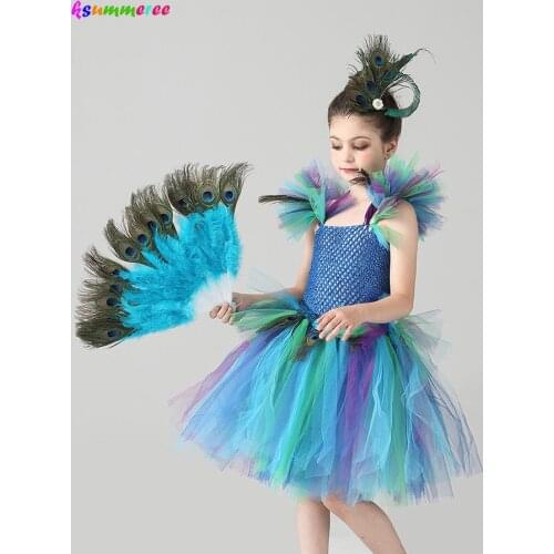 Couture Royal Peacock Girls Tutu Dress with Feather Clip Peacock Bird Carnival Fancy Dress for Kid Halloween Party Purim Costume