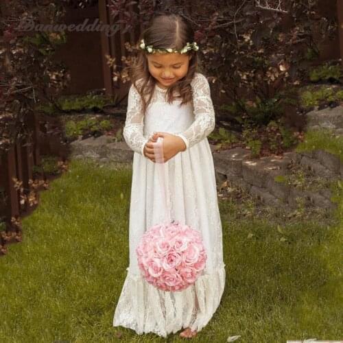 Sweety Flower Girl Dress For Wedding Refinement Lace Long Sleeve Kids Pageant Evening Dress Frist Communion Dress For Girls