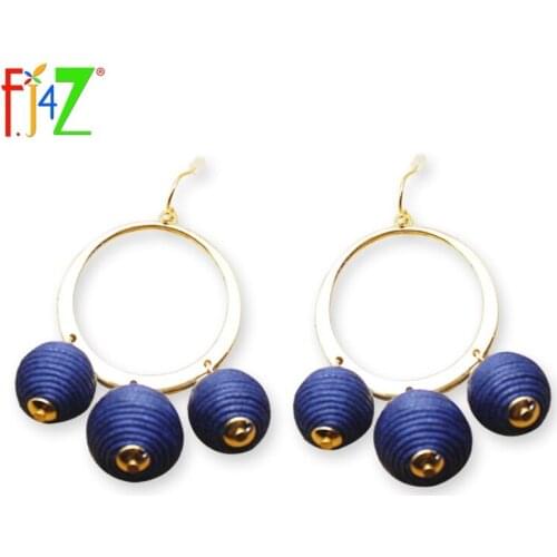 F.J4Z New Fashion Designer Gold-color Hollow Big Circle Rope Wrapped Pom Pom Ball Women Drop Earring Bijoux