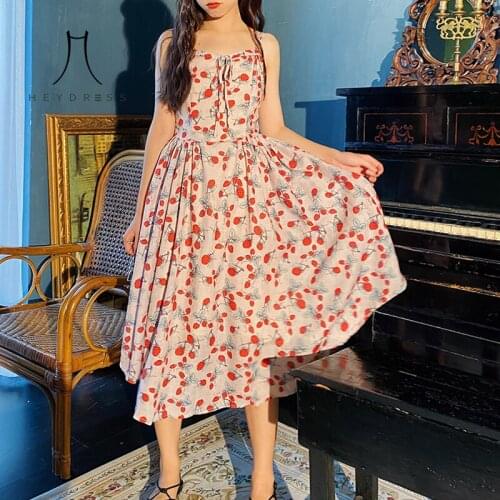 Heydress Vintage Casual Clothes Sundress Korean Woman Fashion Midi Party Dress Sexy Sleeveless Summer Strawberry Dress for Women