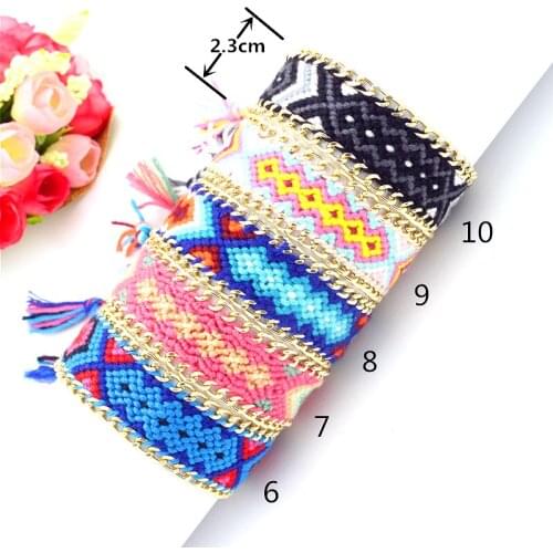 Cotton Bohemian Handmade Macrame Knotted Woven Friendship Bracelet with gold chain along the side for women