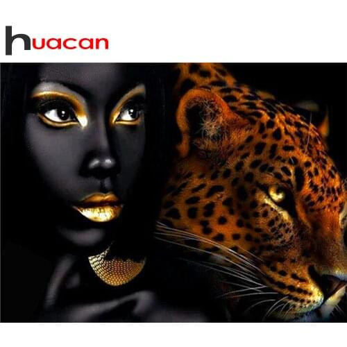 Huacan Diamond Painting 5d Animal Leopard Diamond Embroidery Sale Portrait Woman Full Mosaic Wall Art