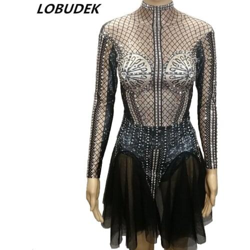 Short Dress Black Crystals Mesh Women Singer Modern Dance Costume Bar Party Celebration One Piece Sexy Performance Stage Wear