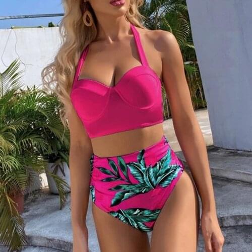 Sexy flower Push Up Bikini Swimwear Women Halter Printed Bikini Set Swimsuit brazilian Biquini string beachwear Bathing suit