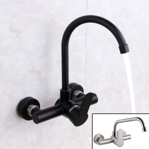 Wall mounted black kitchen faucet single handle double holes hot and cold water