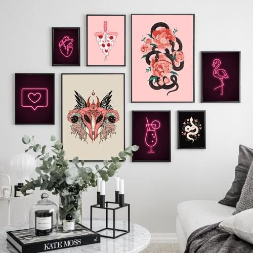 Neon Heart Wall Art Prints Boho Modern Drinks Pizza Snake Posters Woman Uterus Ovary Canvas Painting Bar Living Room Home Decor