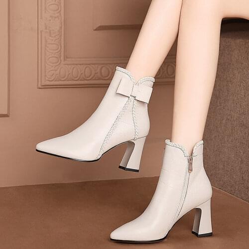 Short Boots Woman 2021 Ankle Boots Womens Winter Shoes Plush Booties Bowtie Block Heel Side Zipper Female Footware Black Beige