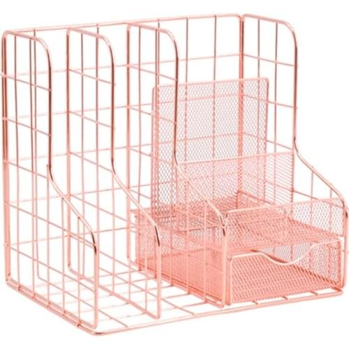 H7EC Hollow-out Metal File Holder Document Holder 6 Compartment with Sliding Drawer
