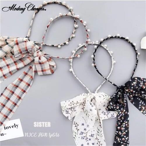 2019 Fashion Bowknot Ribbon Women Girls Flower Print Girls Bandages Fairy Peals Crystal Plaid Hairband Headband Hair Accessories