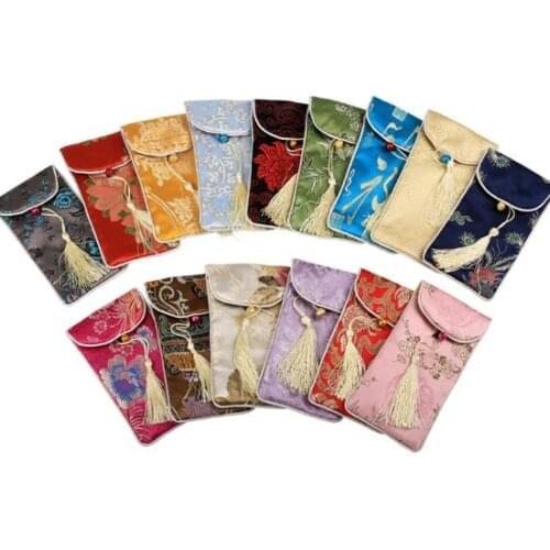 Rectangle Chinese Style Handmade Silk Brocade Lucky Tassel Jewelry Pouches Collected Beads Gifts Bags 17x9cm