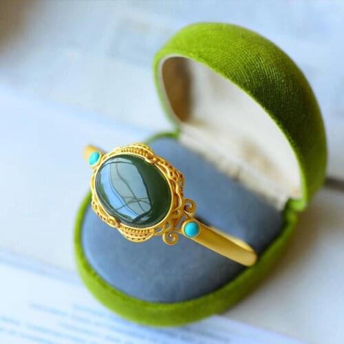Luxury Elegant Palace Style Bracelet S925 Sterling Silver Gilding Inlaid Hetian Jade Gray Jade Egg Surface Bracelet Vintage Brac